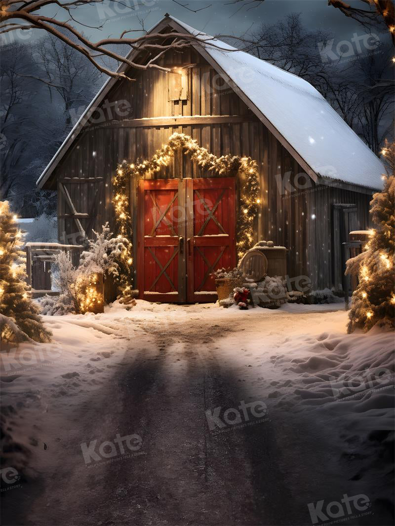 Kate Christmas Way to Red Barn Night Backdrop for Photography