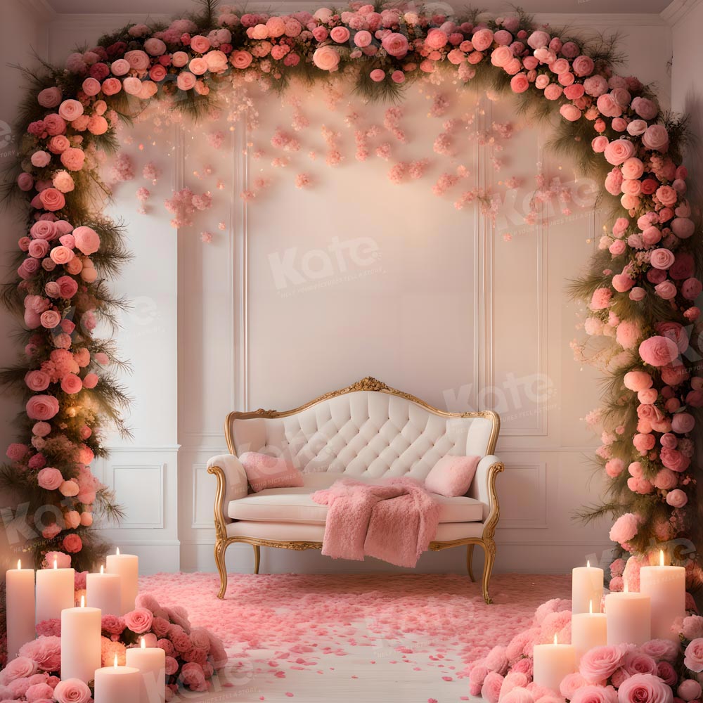 Kate Spring Valentine's Day Rose Arch Pink Candle Sofa Backdrop for Photography