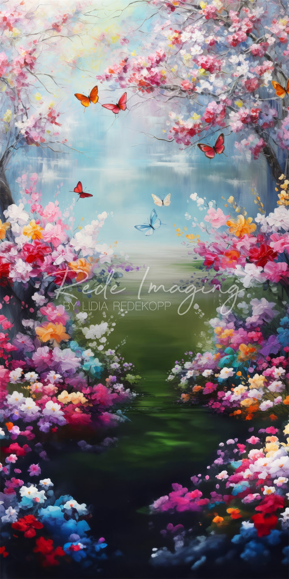 Kate Sweep Spring Fantasy Colorful Butterfly Lake Floral Backdrop Designed by Lidia Redekopp