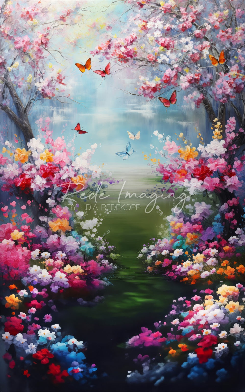 Kate Sweep Spring Fantasy Colorful Butterfly Lake Floral Backdrop Designed by Lidia Redekopp