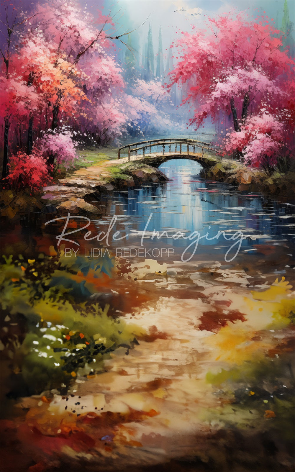Kate Sweep Painting Red Maple Forest Creek Wooden Bridge Backdrop Designed by Lidia Redekopp