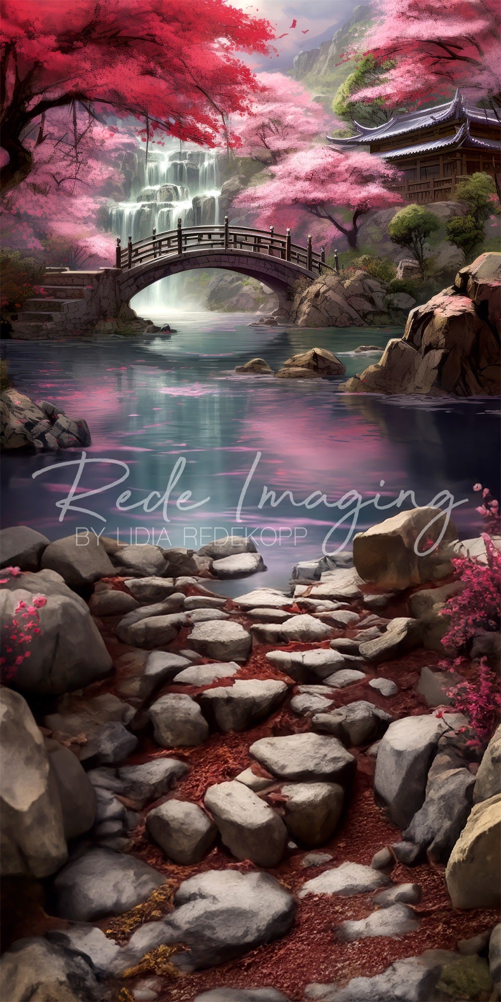 Kate Sweep Fantasy Red Maple Forest Waterfall Creek Stone Bridge Temple Garden Backdrop Designed by Lidia Redekopp