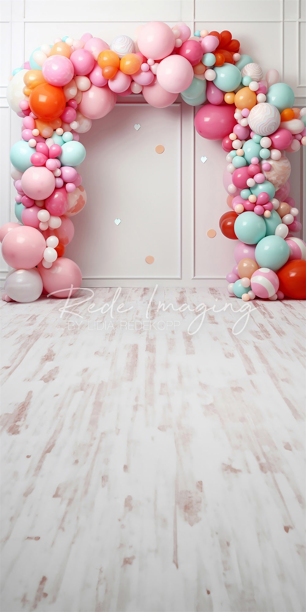 Kate Sweep Birthday Cake Smash Light Pink Line Wall Colorful Balloon and Confetti Arch Backdrop Designed by Lidia Redekopp