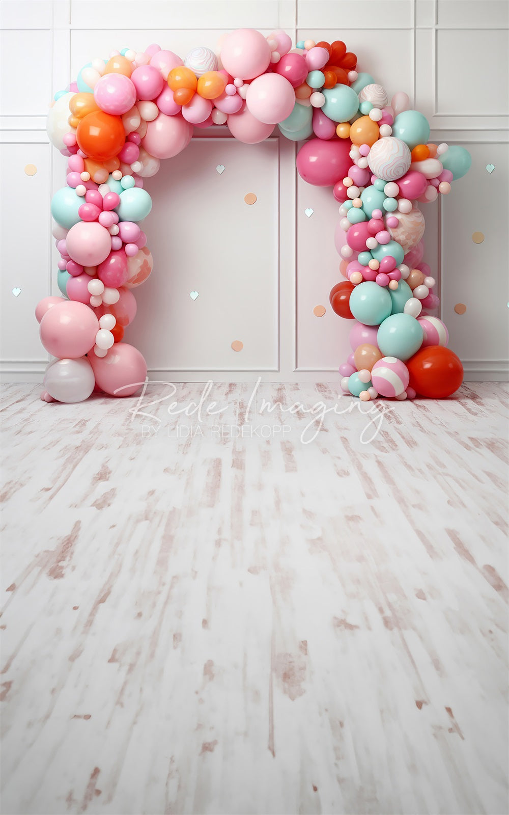 Kate Sweep Birthday Cake Smash Light Pink Line Wall Colorful Balloon and Confetti Arch Backdrop Designed by Lidia Redekopp