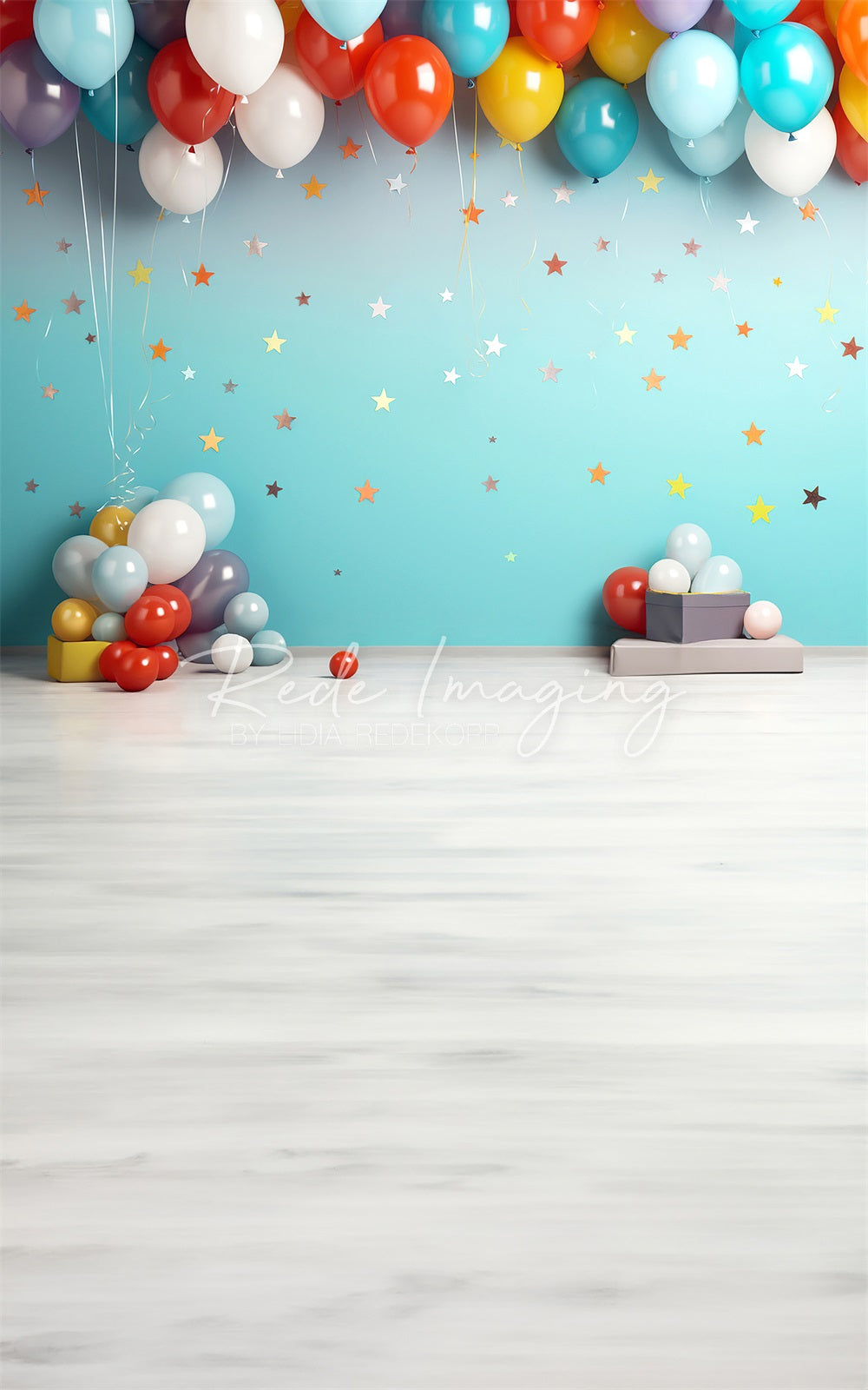 Kate Sweep Cake Smash Birthday Gift Colorful Balloon Star White and Blue Gradient Wall Backdrop Designed by Lidia Redekopp
