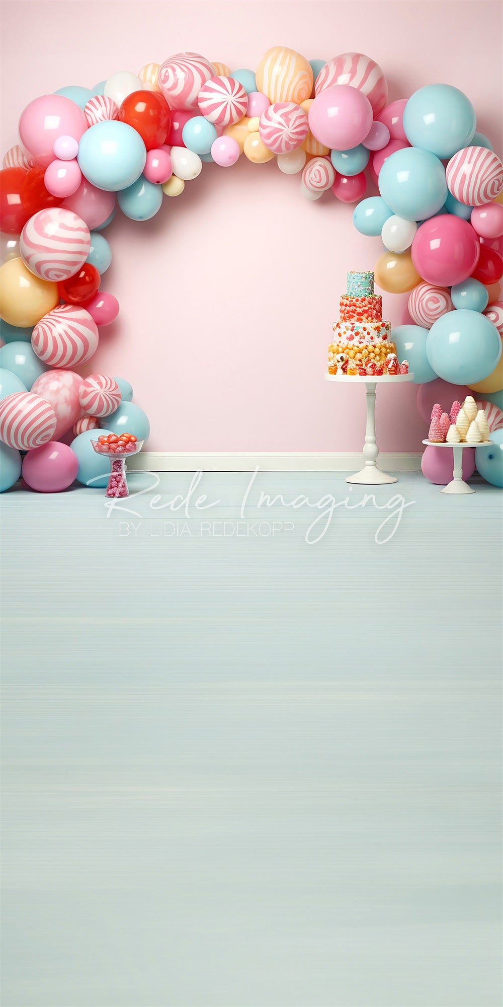 Kate Sweep Cake Smash Colorful Candycane Balloons Arch Pink Wall Backdrop Designed by Lidia Redekopp