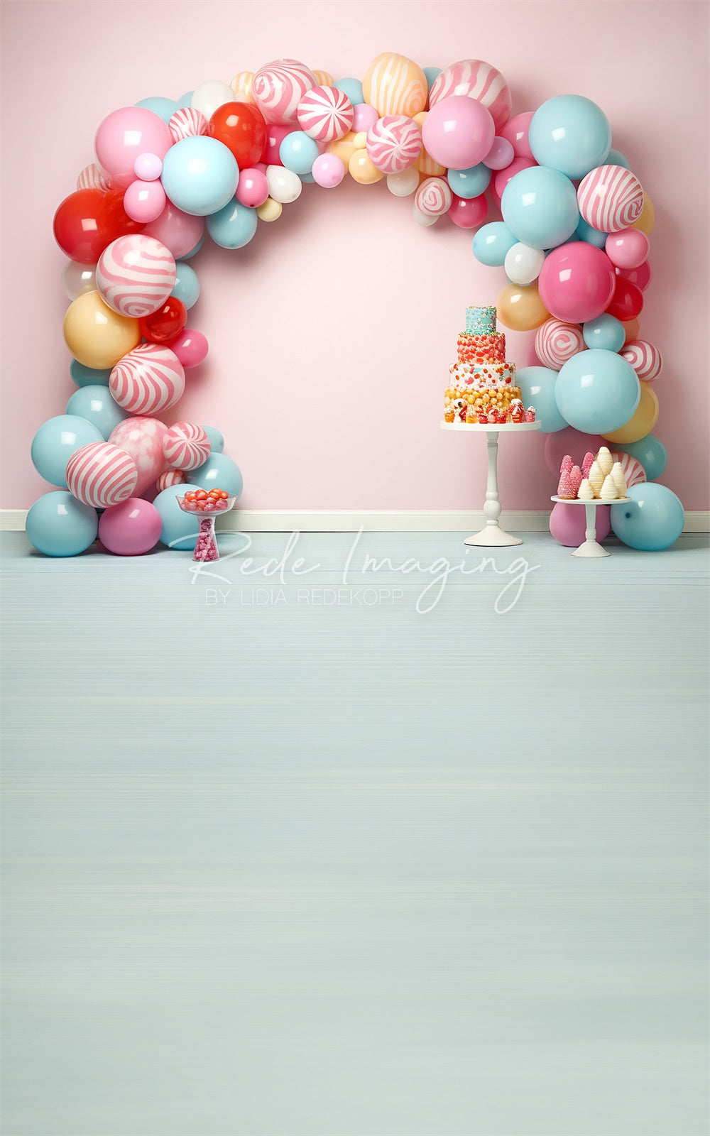 Kate Sweep Cake Smash Colorful Candycane Balloons Arch Pink Wall Backdrop Designed by Lidia Redekopp