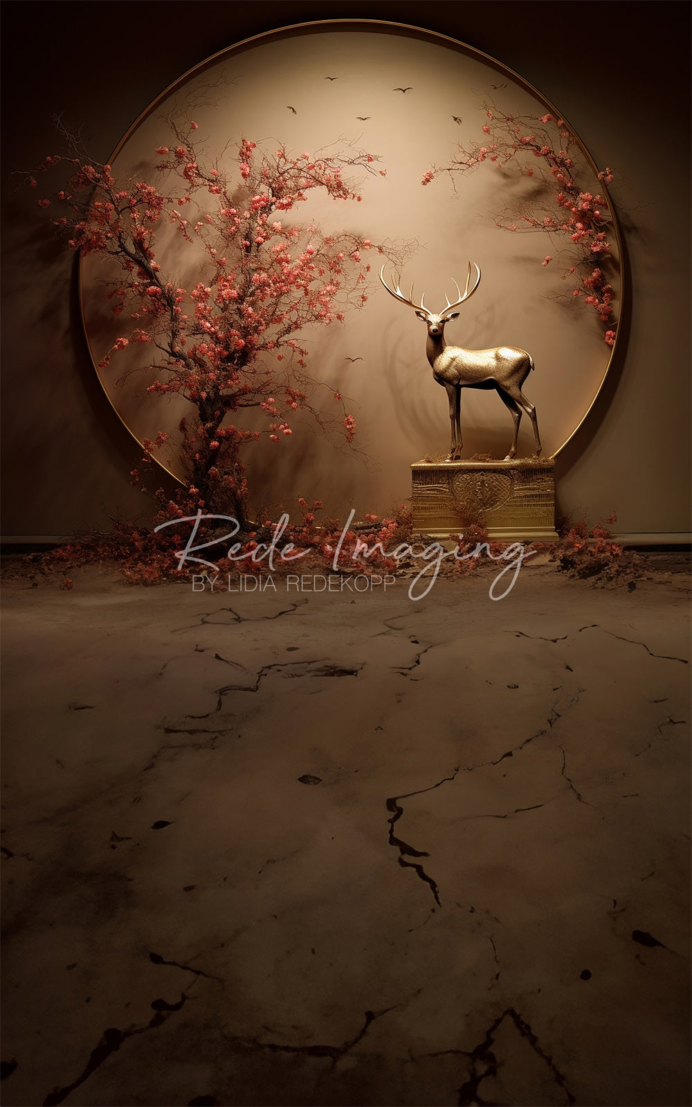 Kate Sweep Art Dark Brown Circle Red Flower Metal Deer Backdrop Designed by Lidia Redekopp