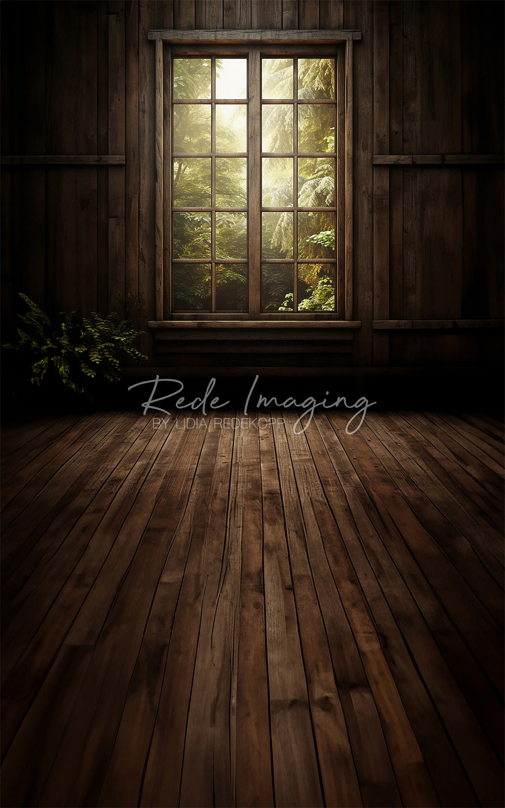 Kate Sweep Spring Forest Dark Wooden Cabin Window Backdrop Designed by Lidia Redekopp