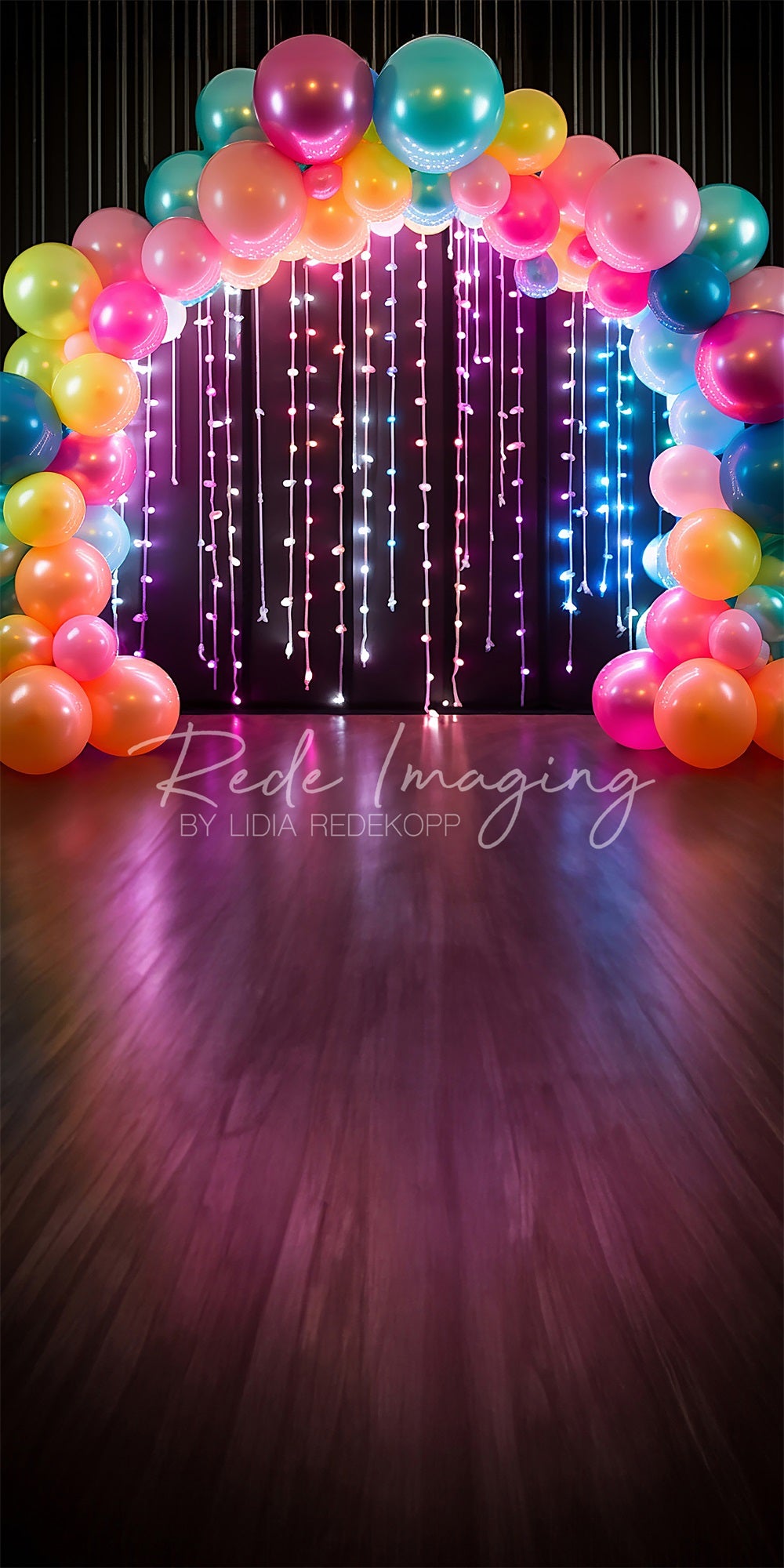 Kate Sweep Cool Birthday Cake Smash Neon Lights Colorful Balloon Arch Backdrop Designed by Lidia Redekopp