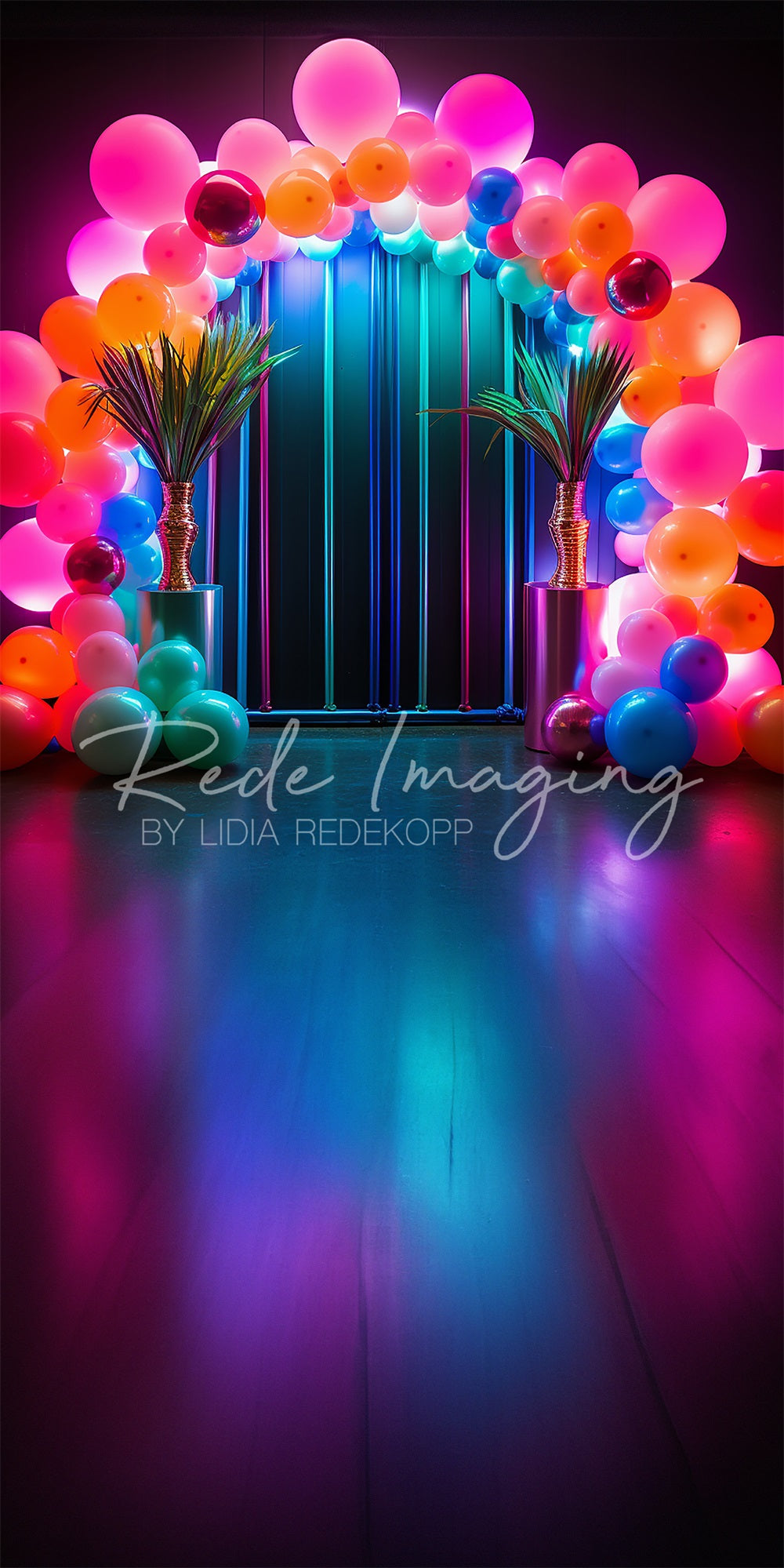 Kate Sweep Birthday Green Plants Neon Colorful Balloon Arch Backdrop Designed by Lidia Redekopp