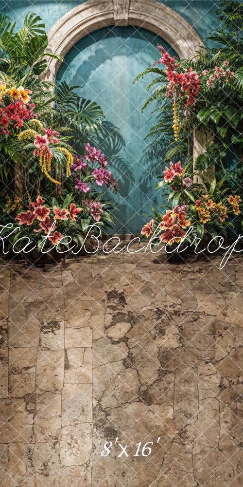 Kate Sweep Tropical Colorful Flower Stone Arch Brown Path Green Wall Backdrop Designed by Emetselch