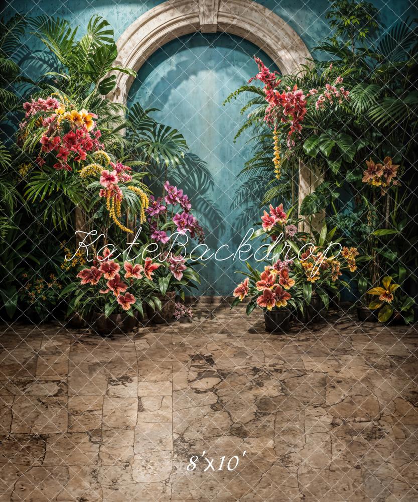 Kate Tropical Colorful Flower Stone Arch Brown Path Green Wall Backdrop Designed by Emetselch