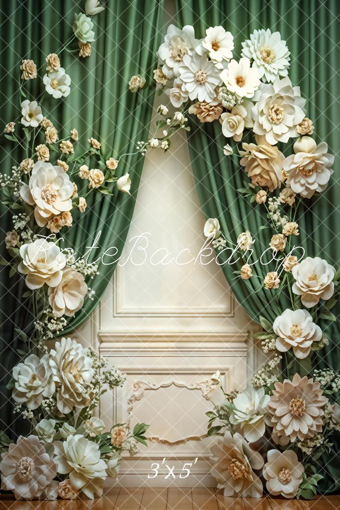 Kate Spring White Flower Green Curtain Vintage Wall Backdrop Designed by Emetselch