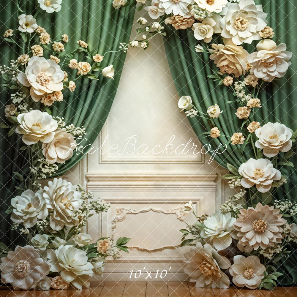 Kate Spring White Flower Green Curtain Vintage Wall Backdrop Designed by Emetselch