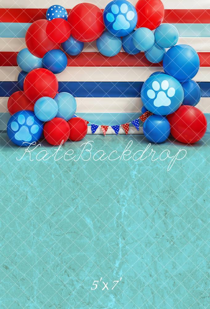 Kate Summer Cake Smash Point Flag Red Blue Pawprint Balloon Arch Backdrop Designed by Emetselch