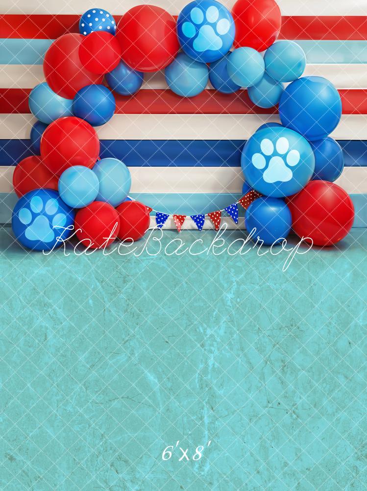 Kate Summer Cake Smash Point Flag Red Blue Pawprint Balloon Arch Backdrop Designed by Emetselch