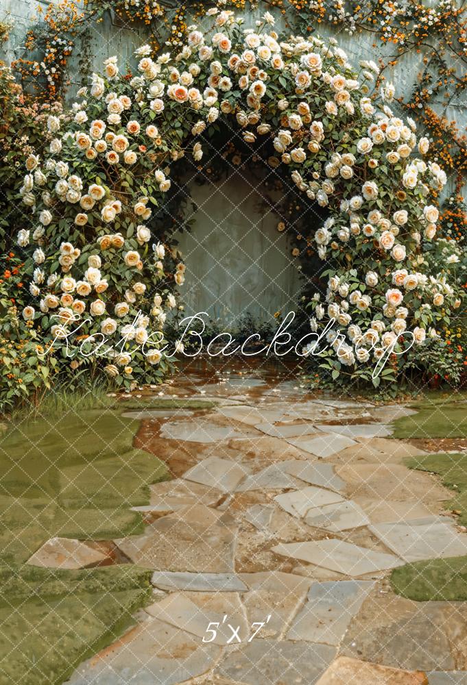 Kate Spring Green Meadow Stone Path White Floral Arch Wall Backdrop Designed by Emetselch