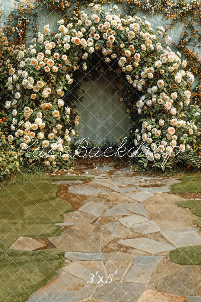Kate Spring Green Meadow Stone Path White Floral Arch Wall Backdrop Designed by Emetselch
