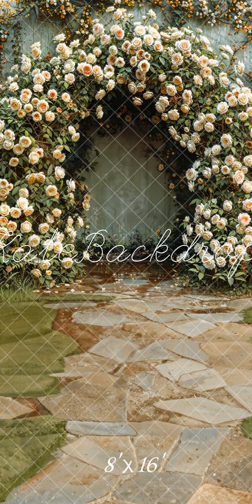 Kate Sweep Spring Green Meadow Stone Path White Floral Arch Wall Backdrop Designed by Emetselch