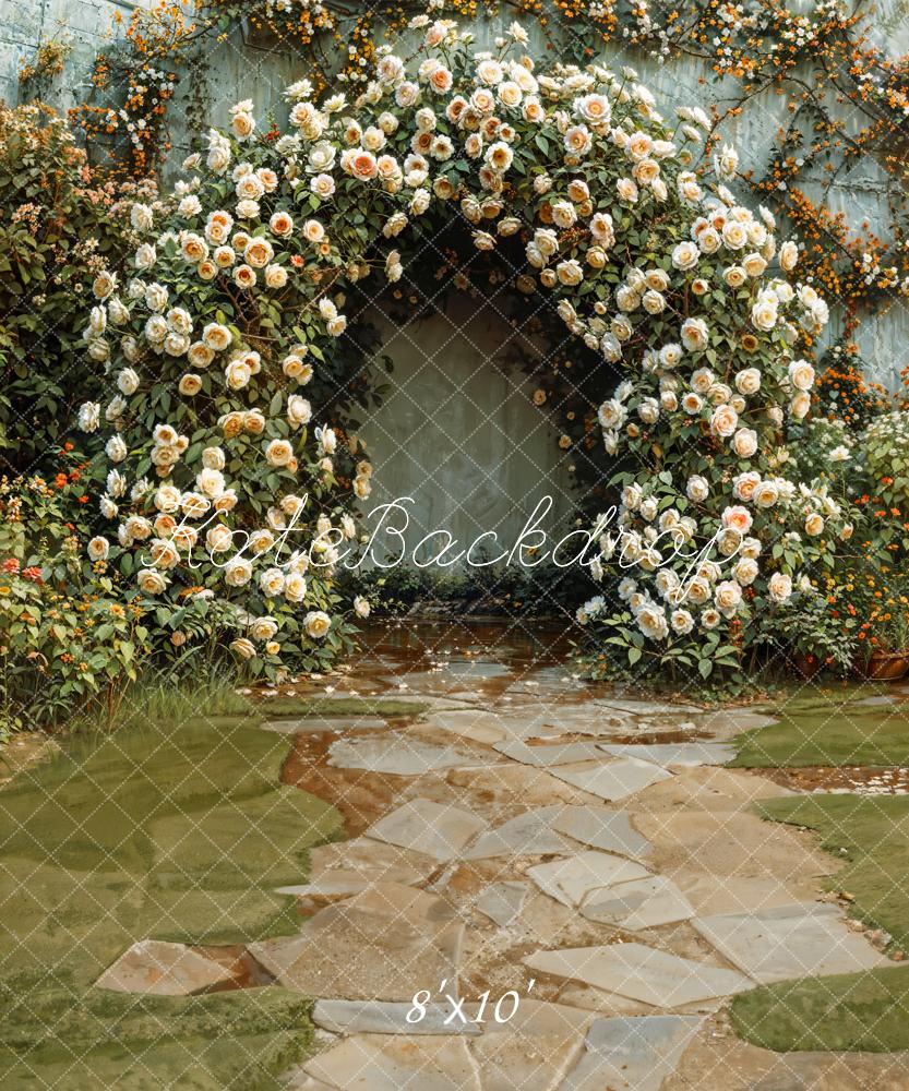 Kate Spring Green Meadow Stone Path White Floral Arch Wall Backdrop Designed by Emetselch