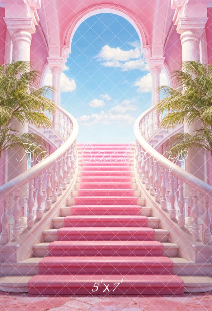 Kate Vintage Pink Column Castle Staircase Green Tree Blue Sky White Cloud Backdrop Designed by Chain Photography