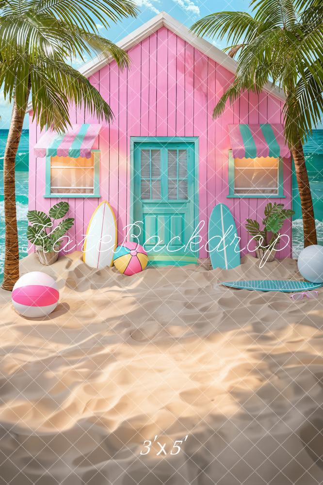 Kate Summer Sea Pink House Green Coconut Tree Surfboard Beach Ball Backdrop Designed by Chain Photography