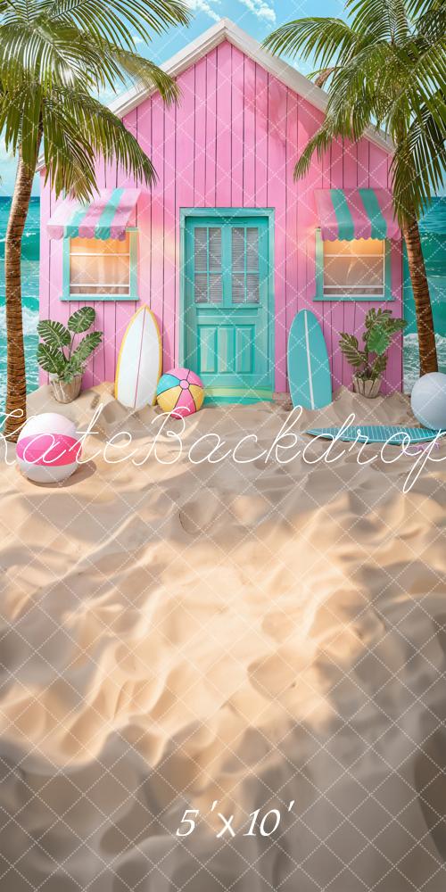 Kate Sweep Summer Sea Pink House Green Coconut Tree Surfboard Beach Ball Backdrop Designed by Chain Photography