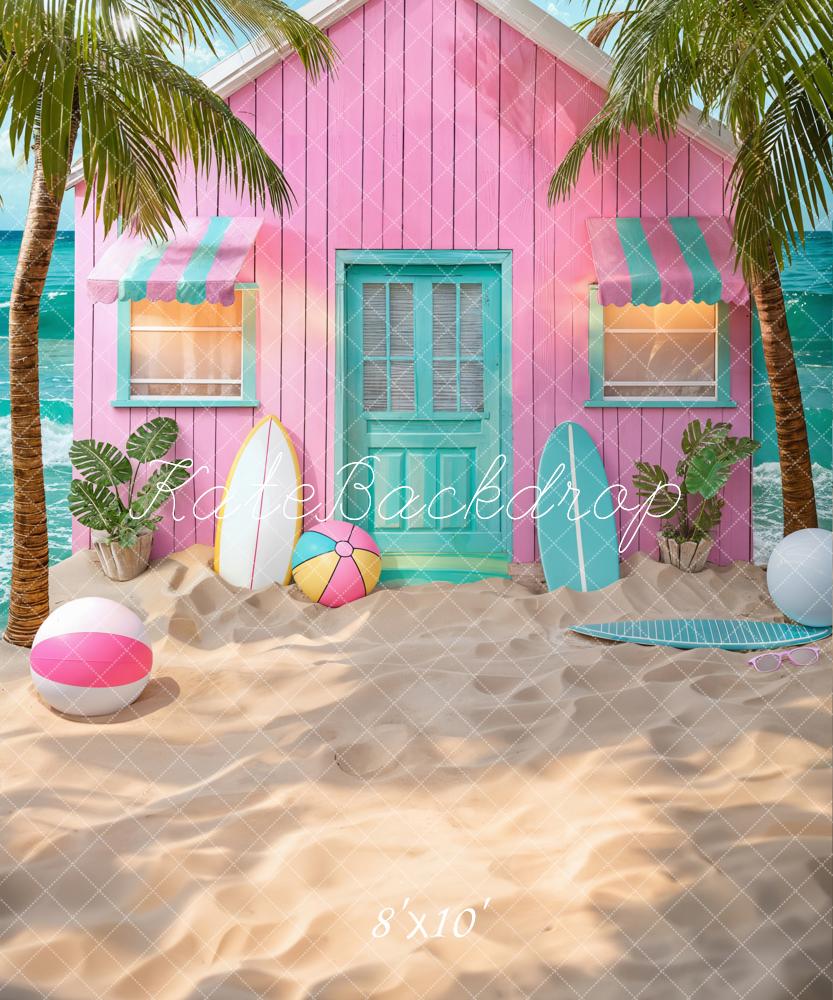 Kate Summer Sea Pink House Green Coconut Tree Surfboard Beach Ball Backdrop Designed by Chain Photography