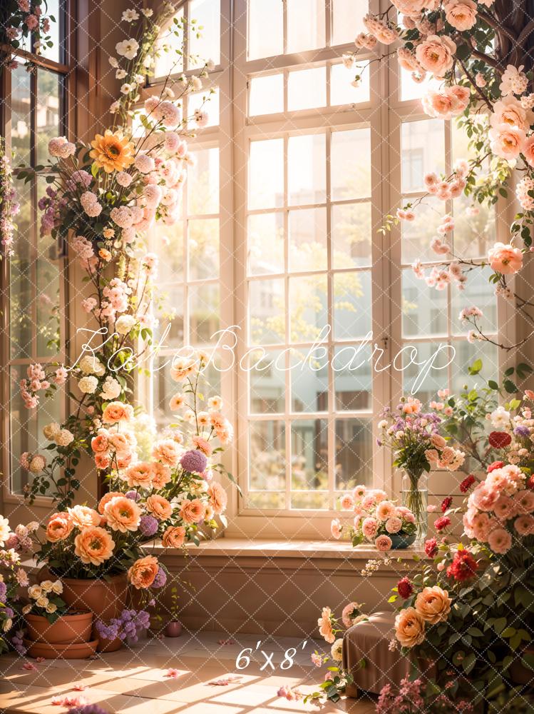 Kate Spring Sunshine Indoor Purple and Pink Flower Arch Glass Window Backdrop Designed by Emetselch