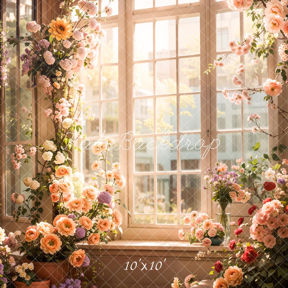 Lentezon Binnenpaars en Roze Bloemenboog Glazen Raam Foto Achtergrond Ontworpen door Emetselch