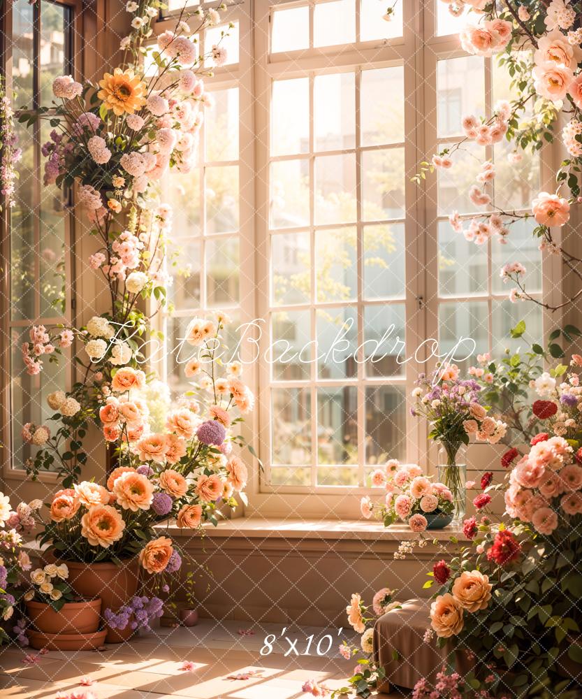Kate Spring Sunshine Indoor Purple and Pink Flower Arch Glass Window Backdrop Designed by Emetselch