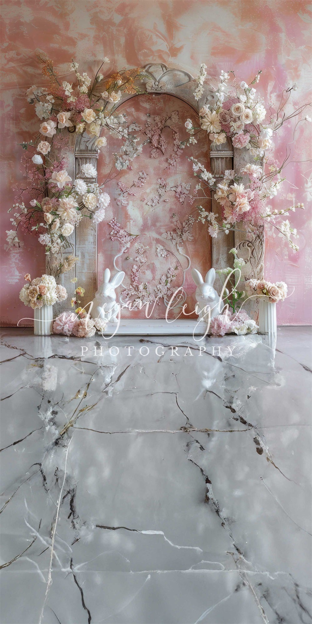 Kate Sweep Easter Bunny White Pink Floral Marble Arch Gradient Wall Backdrop Designed by Megan Leigh Photography