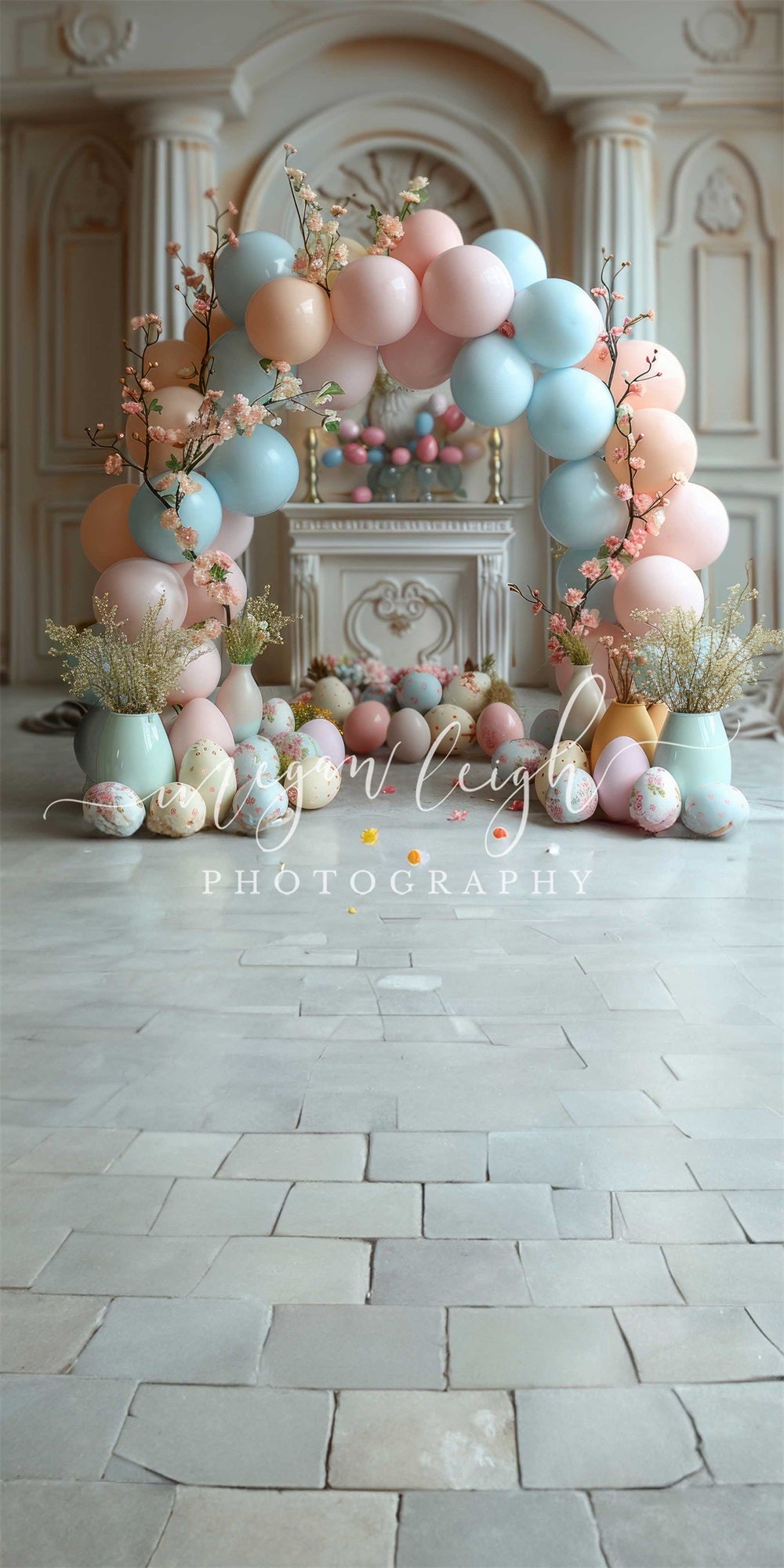 Kate Sweep Easter Eggs Pink Flower Blue Balloon Arch White Vintage Marble Fireplace Wall Backdrop Designed by Megan Leigh Photography