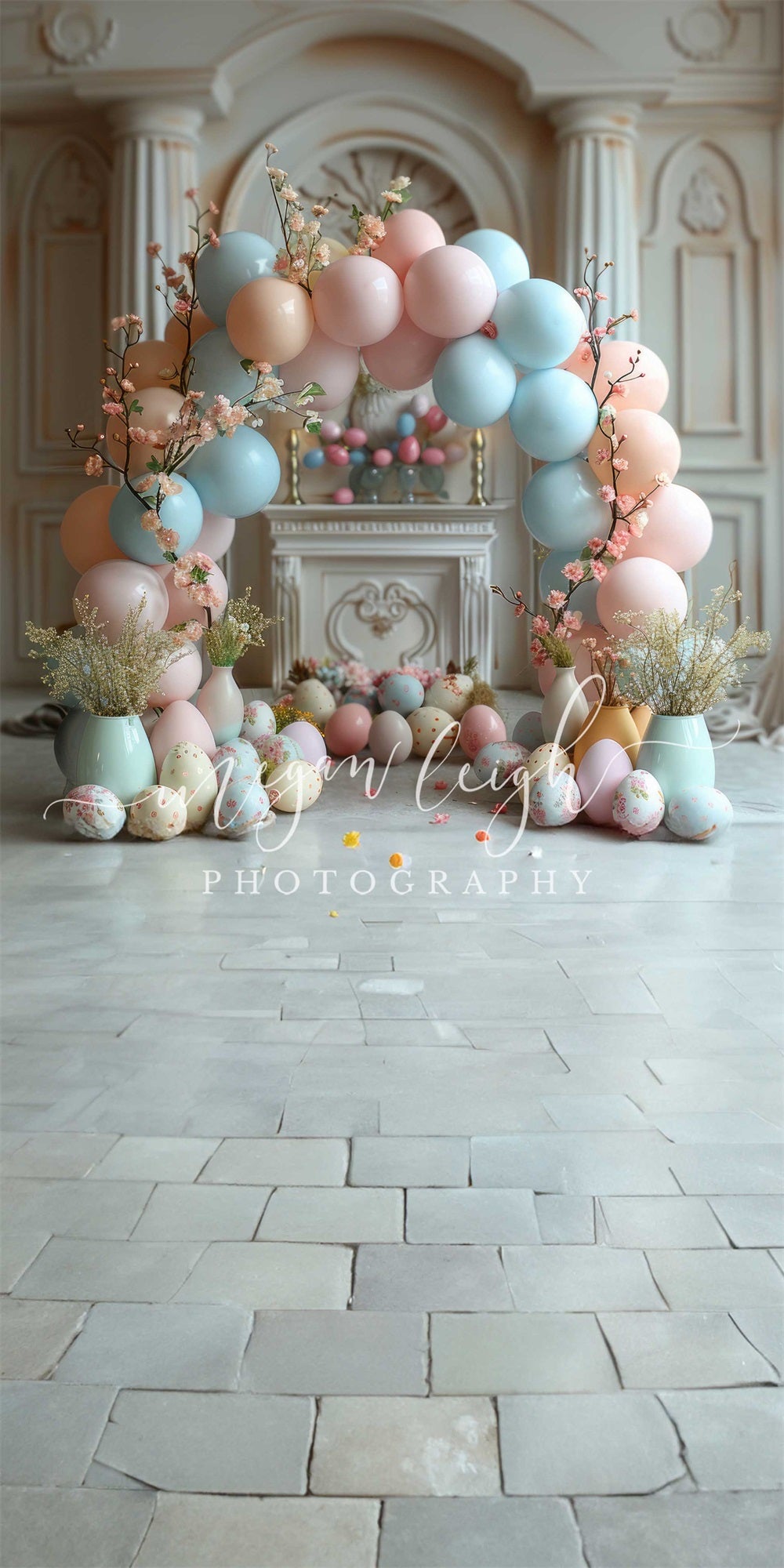 Kate Sweep Easter Eggs Pink Flower Blue Balloon Arch White Vintage Marble Fireplace Wall Backdrop Designed by Megan Leigh Photography