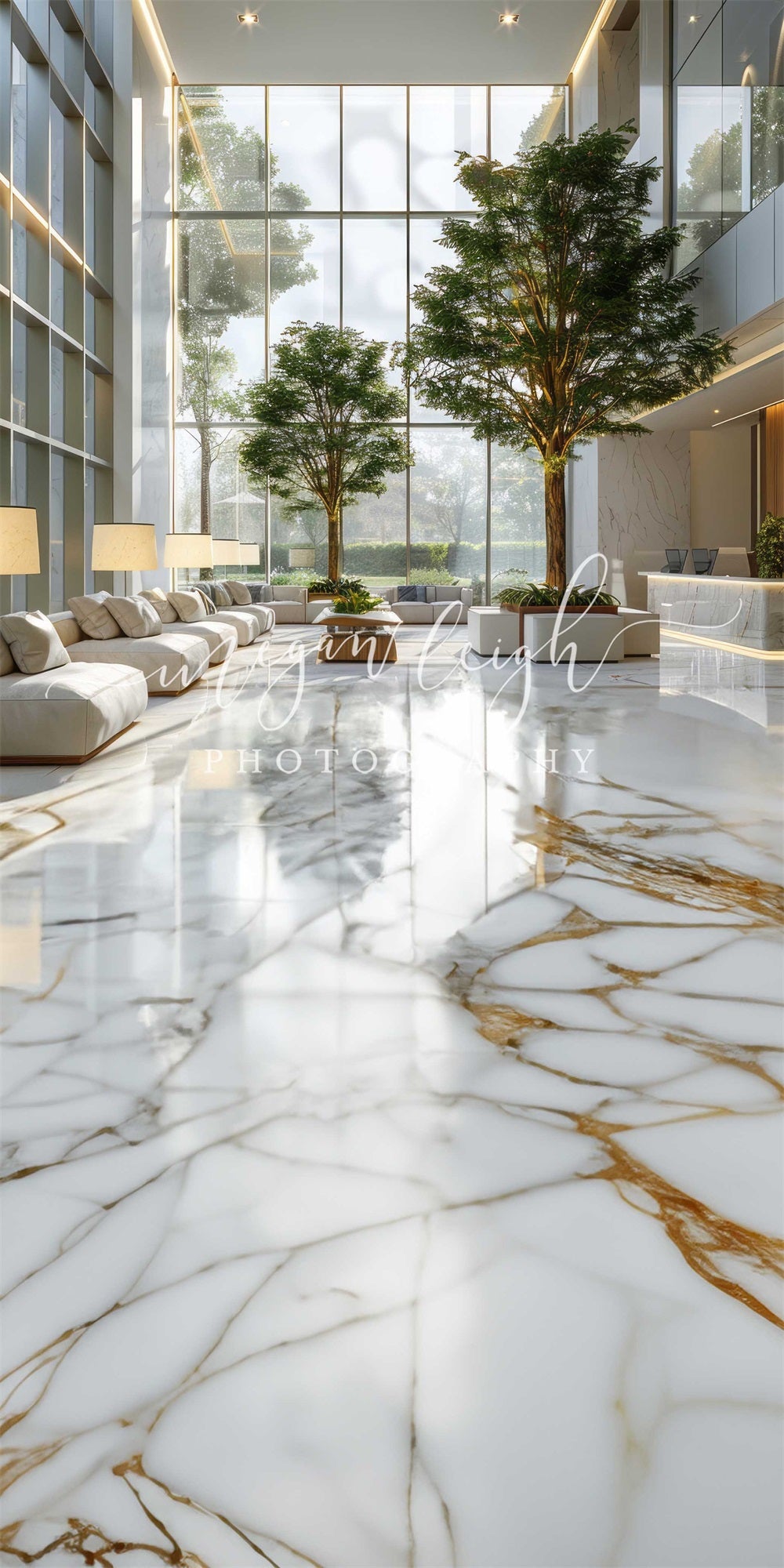 Kate Sweep Modern Bright White Marble Office Lobby Backdrop Designed by Megan Leigh Photography