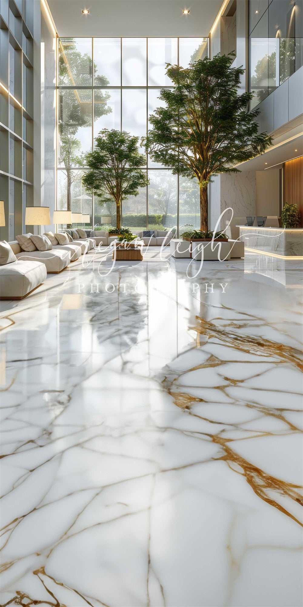 Kate Sweep Modern Bright White Marble Office Lobby Backdrop Designed by Megan Leigh Photography