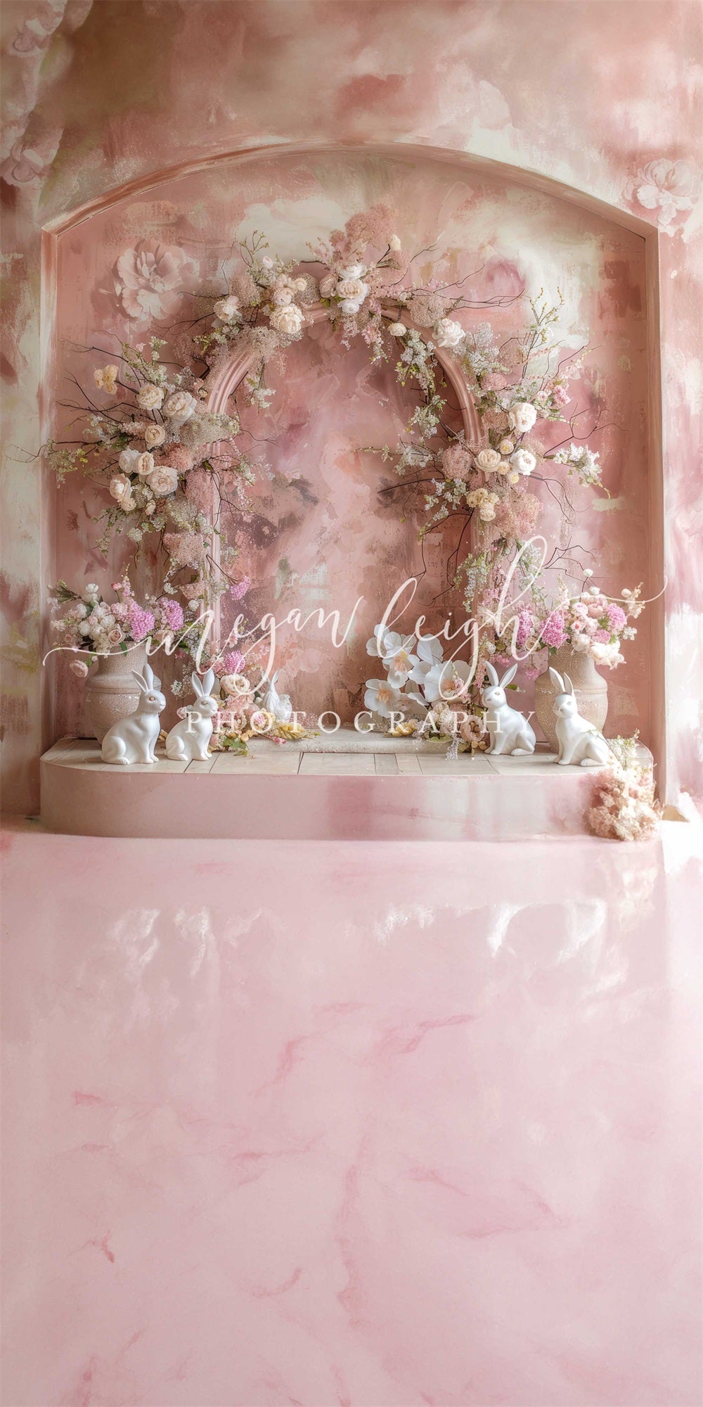 Kate Sweep Easter Bunny White Pink Floral Arch Fine Art Gradient Wall Backdrop Designed by Megan Leigh Photography