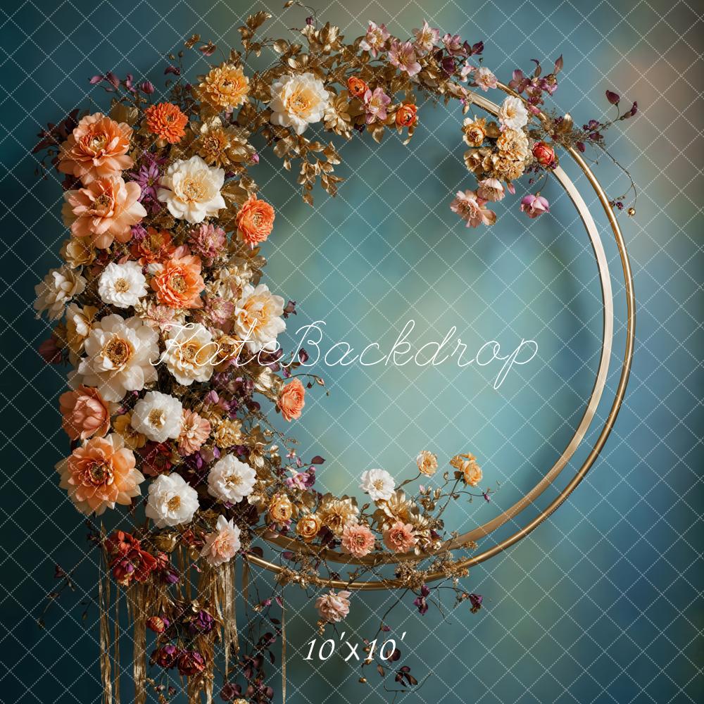 Kate Vintage Colorful Floral Metal Circle Dark Blue Abstract Texture Wall Backdrop Designed by Chain Photography