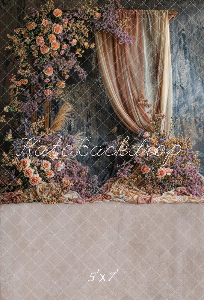 Lightning Deal #3 Kate Boho Colorful Floral Red Beige Gradient Curtain Dark Grey Wall Backdrop Designed by Emetselch