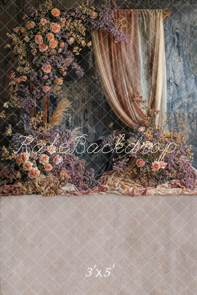 Kate Boho Colorful Floral Red Beige Gradient Curtain Dark Grey Wall Backdrop Designed by Emetselch
