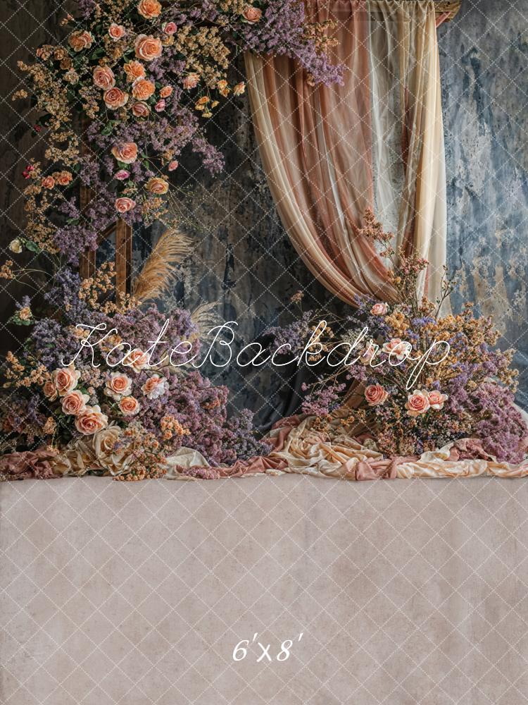 Kate Boho Colorful Floral Red Beige Gradient Curtain Dark Grey Wall Backdrop Designed by Emetselch