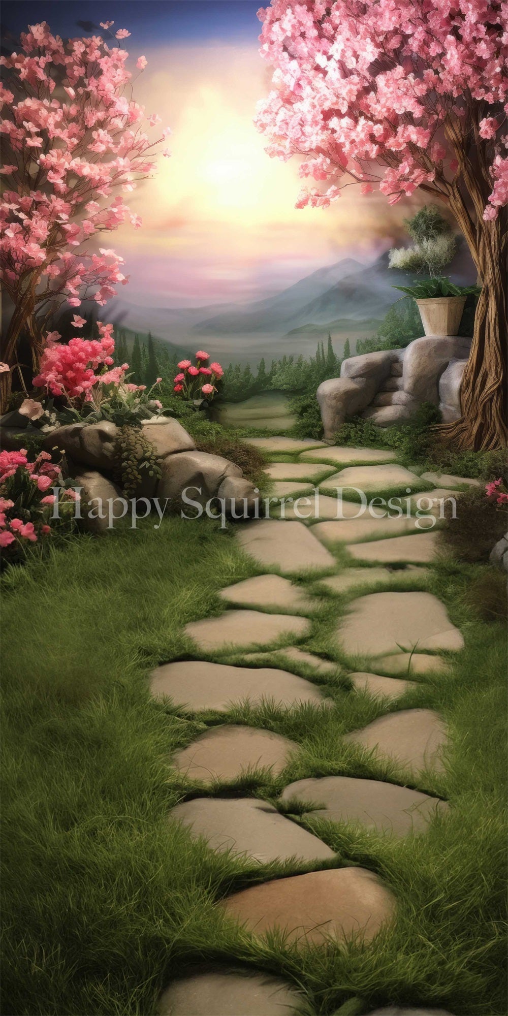 Kate Sweep Spring Fantasy Bokeh Pink Cherry Blossom Flower Forest Mountain Green Meadow Stone Road Backdrop Designed by Happy Squirrel Design