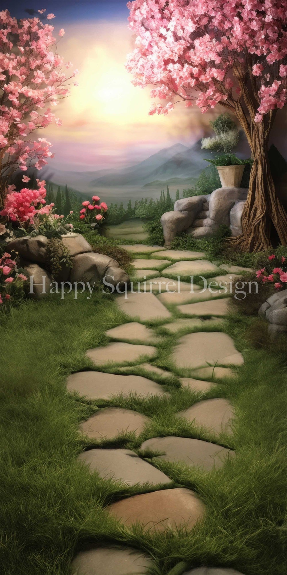 Lightning Deal #3 Kate Sweep Spring Fantasy Bokeh Pink Cherry Blossom Flower Forest Mountain Green Meadow Stone Road Backdrop Designed by Happy Squirrel Design
