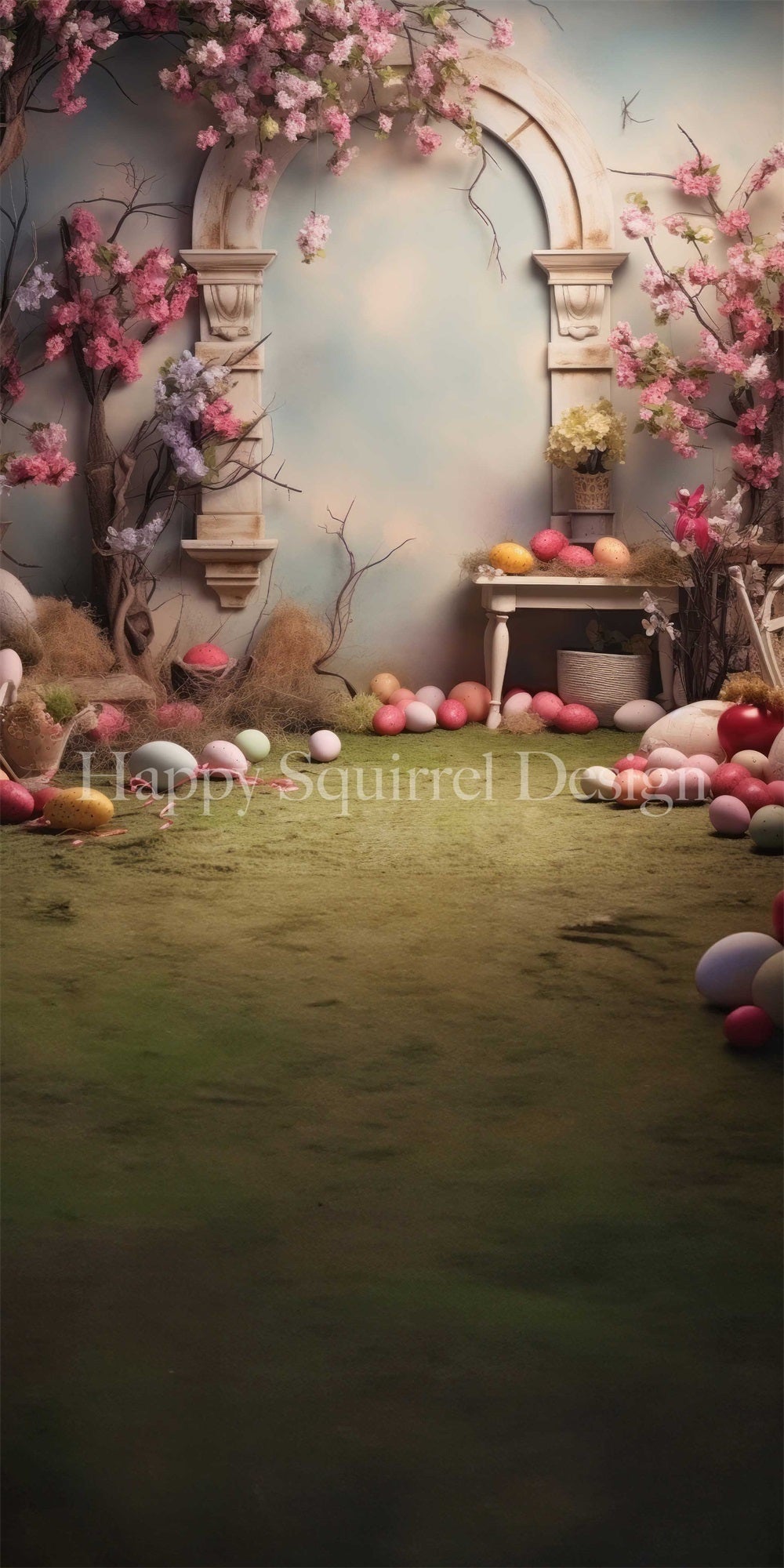 Kate Sweep Spring Easter Eggs Indoor Colorful Flower Vintage Light Blue Arched Wall Backdrop Designed by Happy Squirrel Design