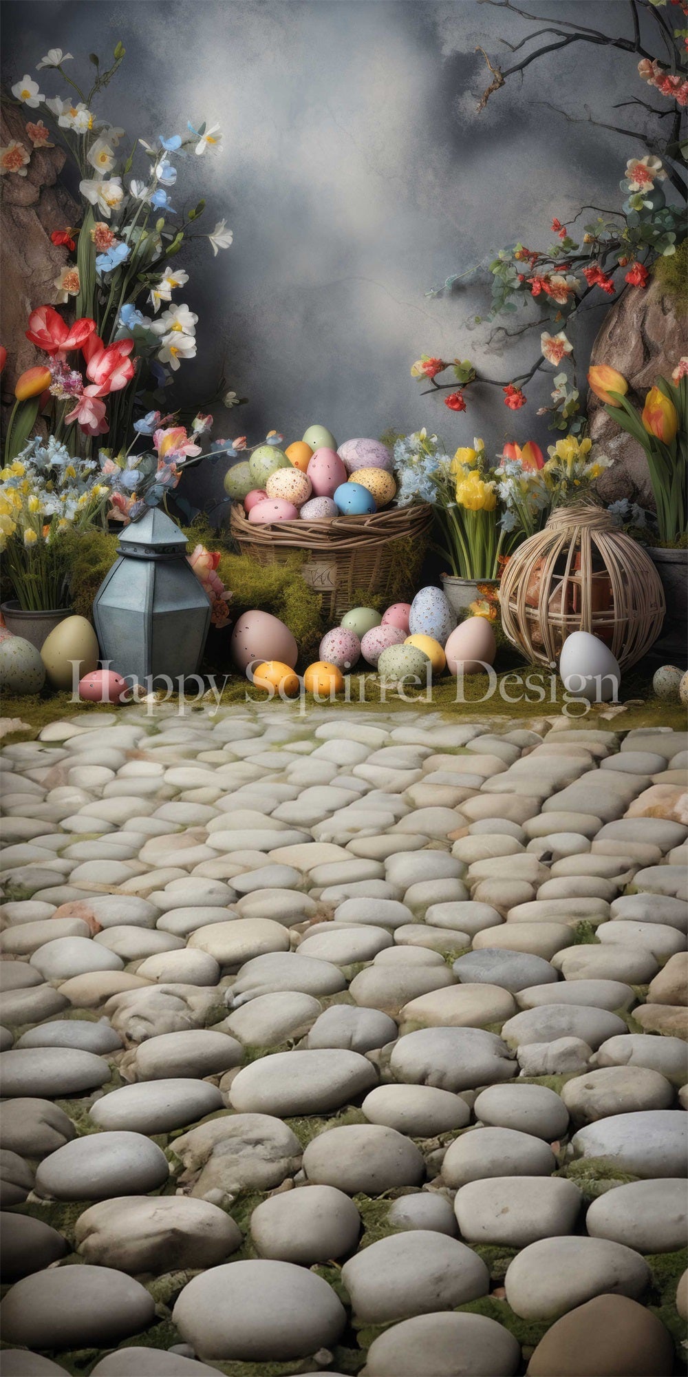 Kate Sweep Spring Indoor Easter Eggs Colorful Flower Brown Stone Pebble Grey Wall Backdrop Designed by Happy Squirrel Design