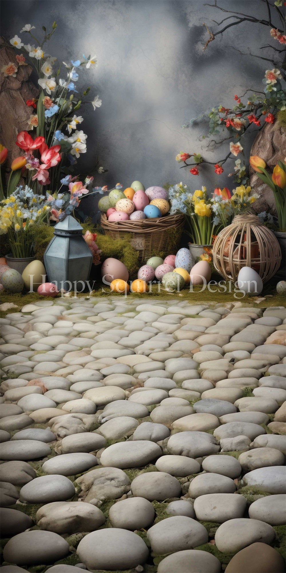 Kate Sweep Spring Indoor Easter Eggs Colorful Flower Brown Stone Pebble Grey Wall Backdrop Designed by Happy Squirrel Design