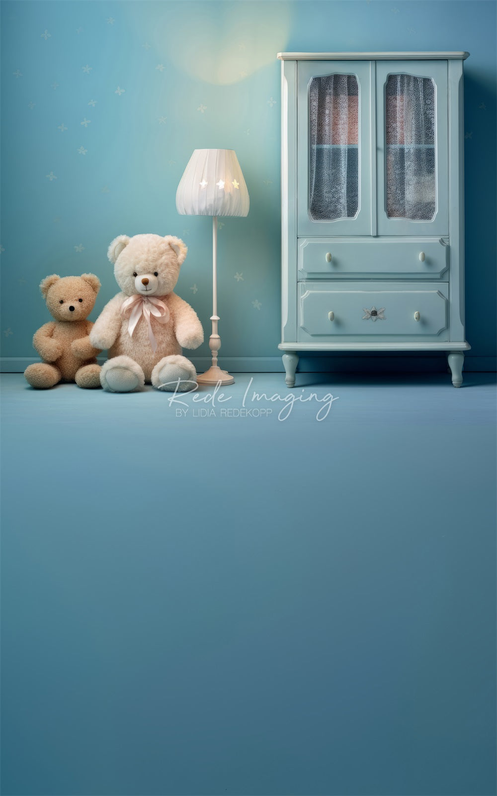 Kate Sweep White Lamp Blue Cabinet Teddy Bear Floral Wall Backdrop Designed by Lidia Redekopp