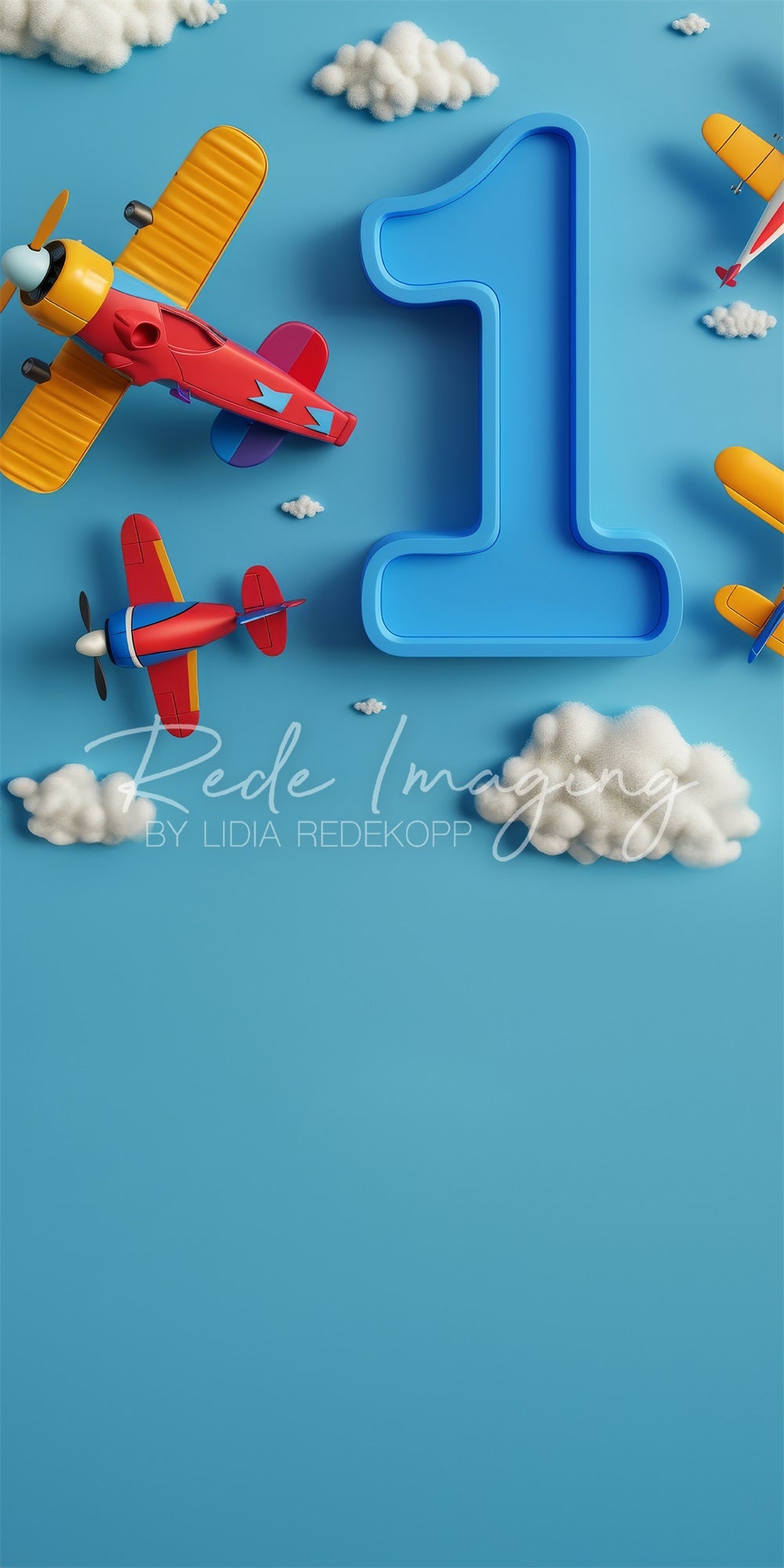 Kate Sweep Fine Art Cartoon Colorful Airplane White Cloud Blue One Sign Wall Backdrop Designed by Lidia Redekopp