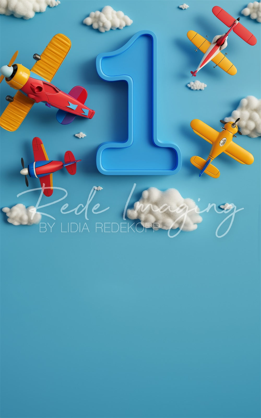 Kate Sweep Fine Art Cartoon Colorful Airplane White Cloud Blue One Sign Wall Backdrop Designed by Lidia Redekopp
